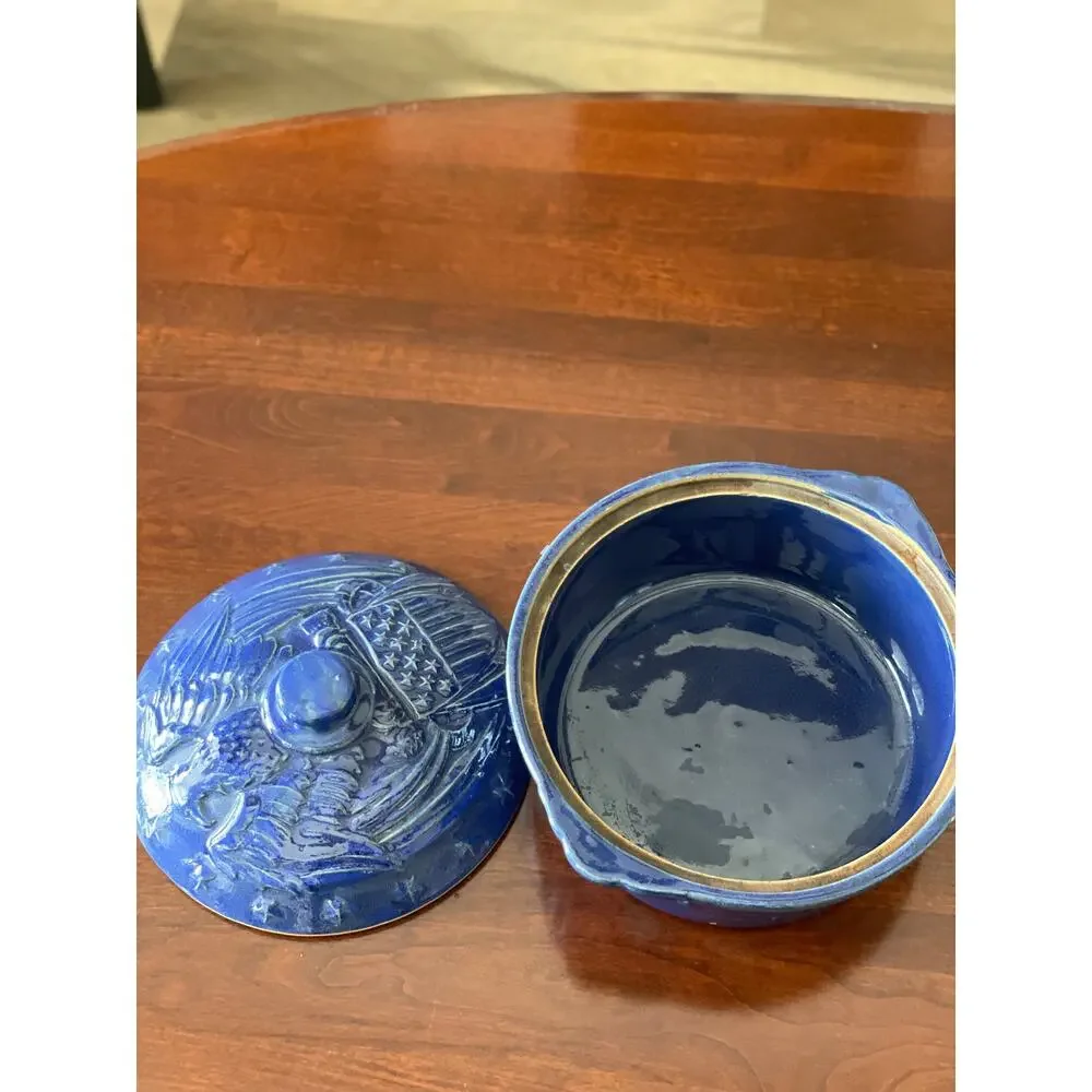 Handmade Blue Stoneware  1.5L Casserole Dish w/ Lid USA Crafted Patriotic Design